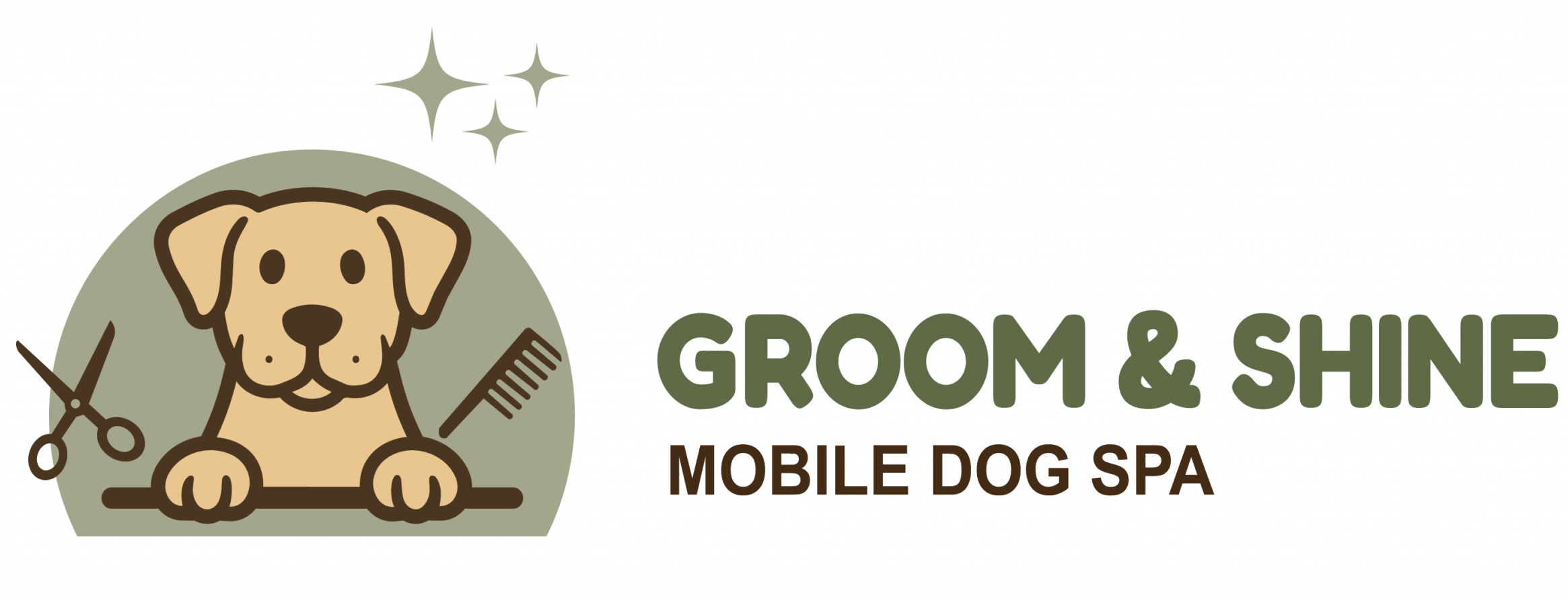 Groom and Shine Logo: a tan dog outlined in brown, with an army green half-circle behind him on his left side; on the right side, a pair of scissors and a comb. On the right side in all cap is Groom & Shine underneath reads Mobile Dog Spa.